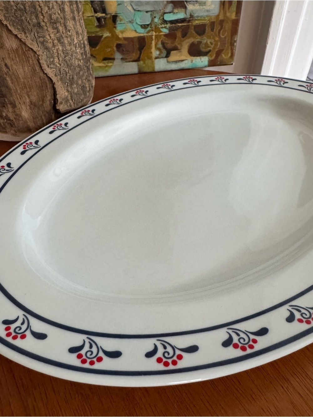 Vintage 1982 Copco Country Fine Porcelain Oval Serving Platter - Blue & Red